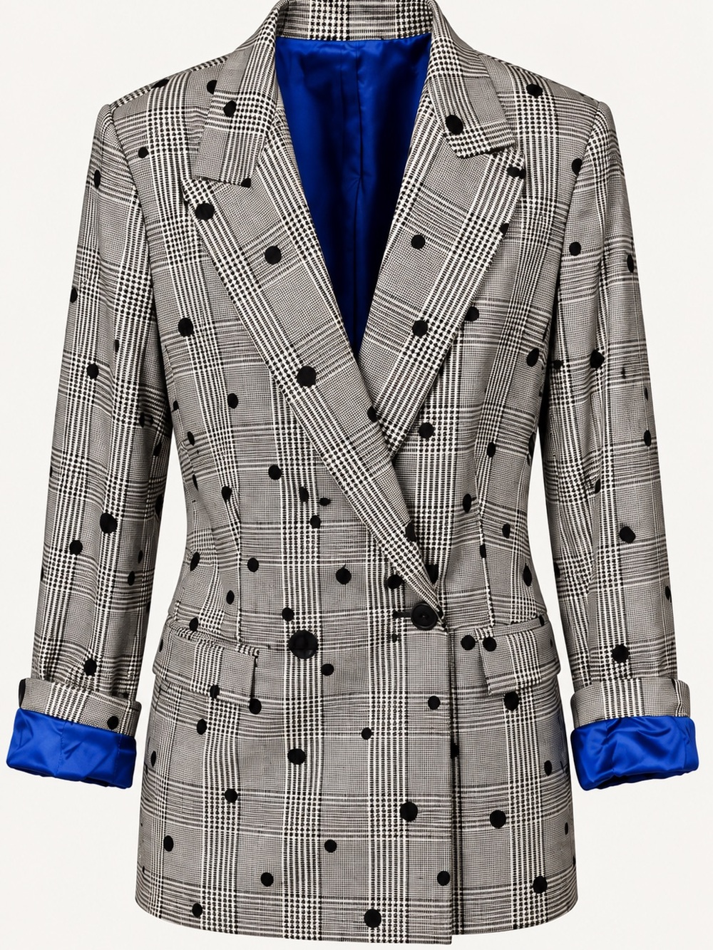 Ottod’Ame NWT Prince of Wales Plaid Polka Dot Blazer with Blue Satin Cuffs IT 40